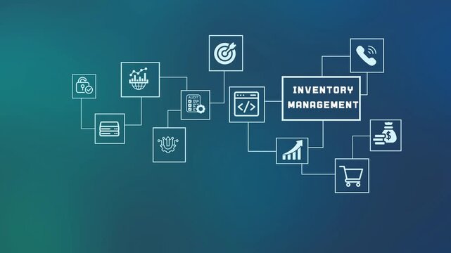  Inventory management system concept with digital icons representing supply chain, logistics, retail tracking and warehouse optimization.