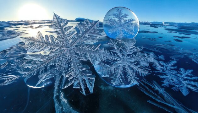 Frozen Beauty - Intricate Ice Crystals and a Spherical Ice Bubble.