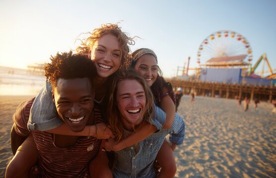 Four joyful young adults (2M, 2W, late teens early 30s) pose closely on a sandy beach at hour, smiling under warm light. Amusement park pier & Ferris wheel softly blurred behind. Tight, centere