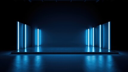 Naklejka premium Dark room features illuminated platform. Vertical blue lights create striking visual effect. Minimalist design emphasizes space, light.