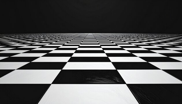 An infinite black and white checkered floor stretches into a dark void with sharp perspective.