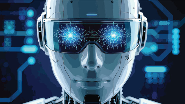 Close up portrait of a robotic face with glowing blue digital circuit eyes and futuristic visor android.