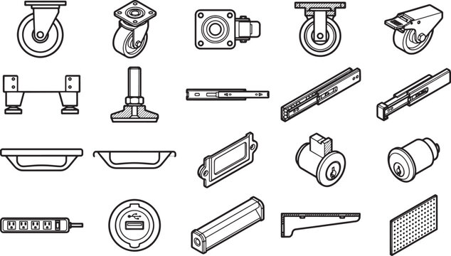 A variety of detailed line drawings, showcasing an array of industrial hardware and components.