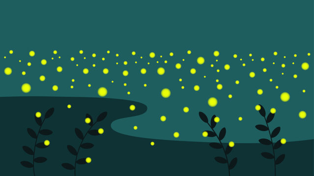 Abstract landscape of fireflies glowing over a night river with plants