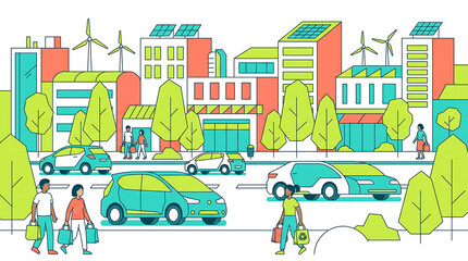 Naklejka premium A vibrant illustration of a sustainable city with electric cars and renewable energy sources