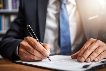 Fototapeta premium Professional Man Signs Document in Office Setting During Daytime Hours