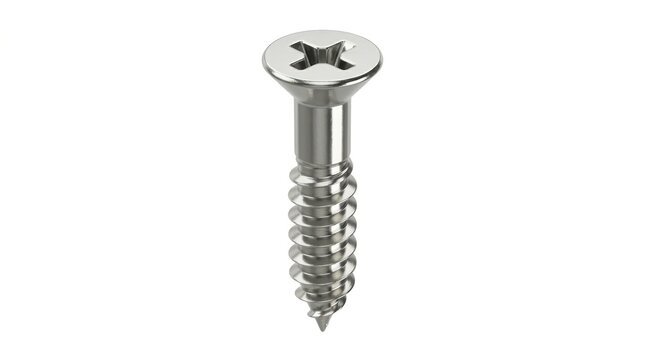 Close-up of a shiny silver screw with crosshead for construction projects