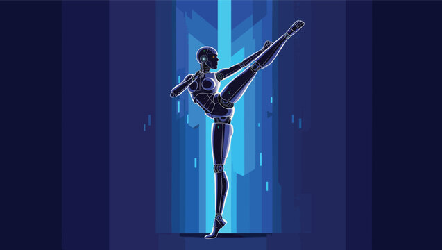 Futuristic female robot performing a high kick in a dark blue digital environment android cyborg.