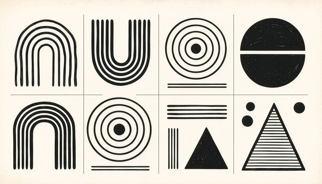 Abstract Geometric Shapes: An eye-catching composition of minimalist shapes, featuring arcs, circles, lines, and triangles, elegantly arranged to evoke a sense of balance and modern design.