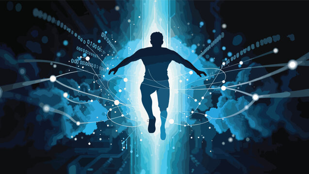 Silhouette of a person in a digital stream of binary code and glowing connections human technology.