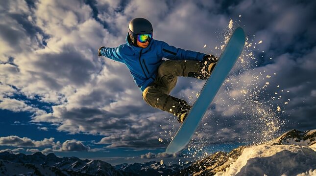 Snowboarder Jumping Off Snowy Mountain Peak in Bright Daylight