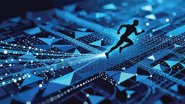 Silhouette of a runner moving through a dynamic abstract network of blue geometric shapes and light trails.