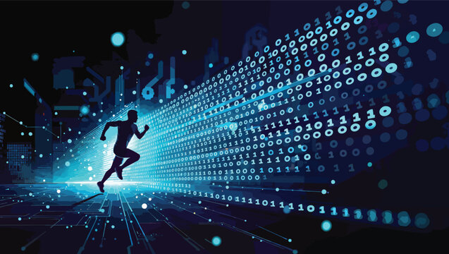 Silhouette of a runner moving towards a stream of binary code in a futuristic digital landscape running.