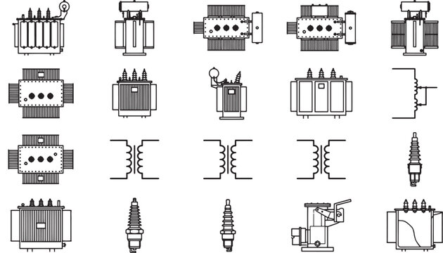 An array of intricately designed transformers and machine elements presented in a clean and technical illustration, ideal for illustrating complex concepts.