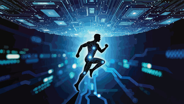 Silhouette of a running person with glowing blue digital connections against a futuristic circuit board tunnel.