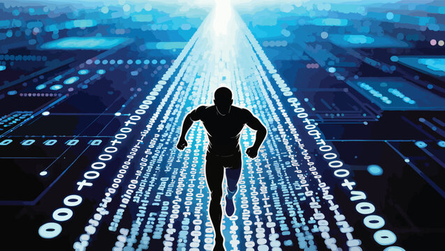 Silhouette of a runner on a path of glowing binary code and digital circuits against a bright light person.