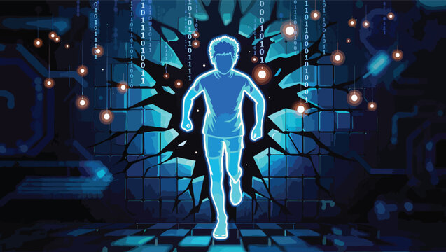 Young boy silhouette running through a digital matrix of binary code and glowing lights vector illustration.