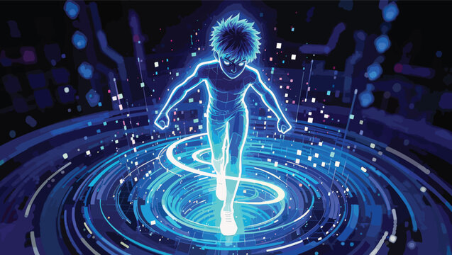 Young person with glowing blue outline running through a digital vortex of light and data vector illustration.