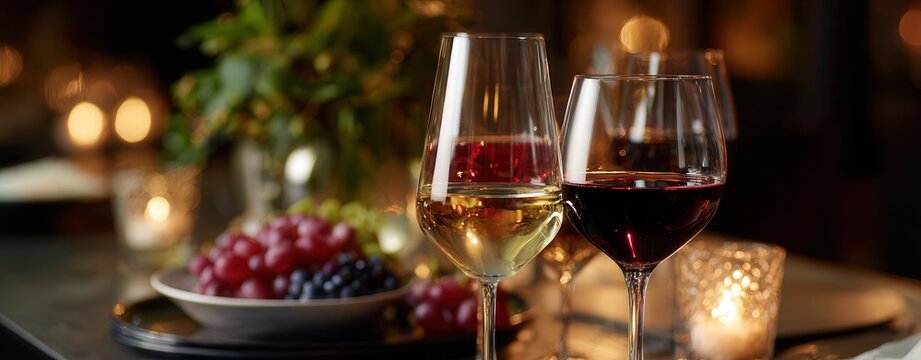 Two wine glasses filled with red and white wine stand beside a bowl of red and blue grapes on a dark table, illuminated by warm candlelight with blurred background bokeh. Professional, dry tone.