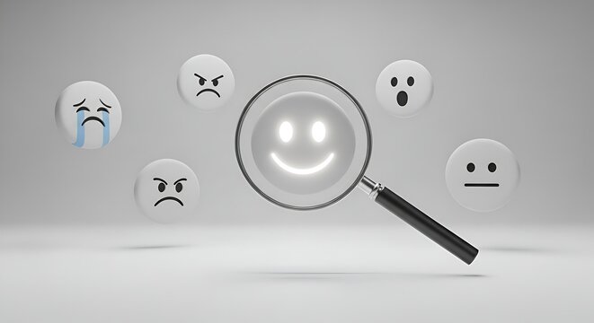 Customer giving rating for experience with magnifying glass analyzing opinion survey feedback