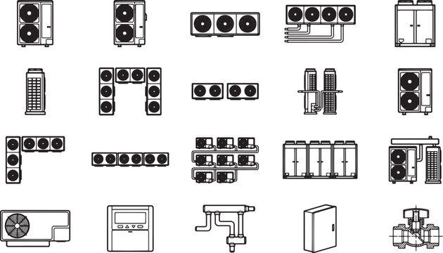 A collection of black and white air conditioner units, compressors, and related industrial equipment symbols presented in a meticulous illustration.