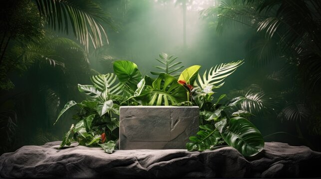 stone podium adorned with tropical leaves against a lush green background. This captivating scene speaks sophistication and natural allure