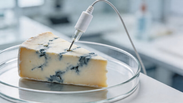 Food laboratory cheese sample on glass dish with probe testing