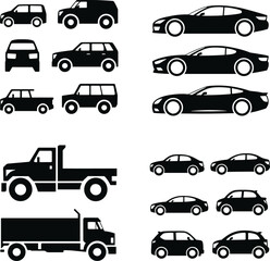 Fototapeta premium Large collection of vehicle silhouettes including cars suv trucks and transport icons isolated on white background automotive design concept