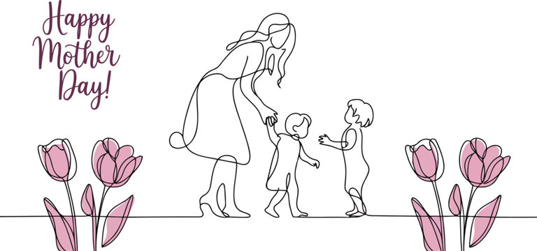 Minimalist Mother's Day vector illustration, continuous line art of mother with two children, elegant floral banner with pink tulips and script text