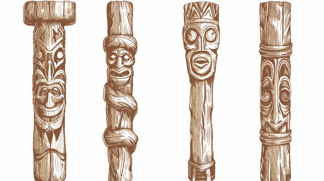 Illustration of four stylized, carved wooden totem poles in brown and tan tones