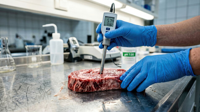 Laboratory food testing of meat with pH meter and gloved hand