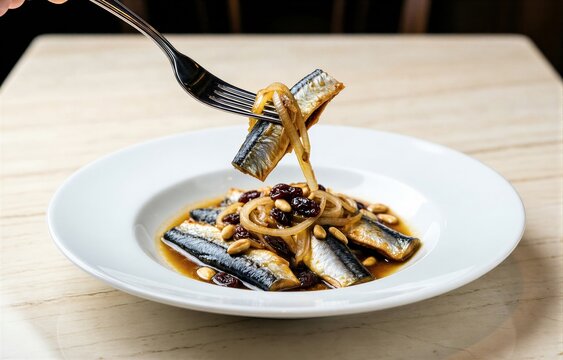 Plate of Sarde in Saor featuring grilled sardines with onions, raisins, and pine nuts, drizzled with creamy sauce. Concept of culinary delights with fresh flavors and textures.