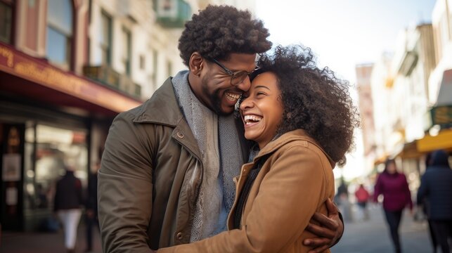 happiness of an African American couple hugging on the street on a sunny day-a heartwarming image representing love, joy, and the positive vibes of a spring romance,