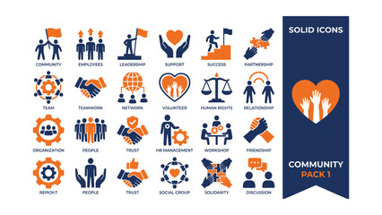 Fototapeta premium Collection of community related solid icons for business and social concepts human resources and teamwork
