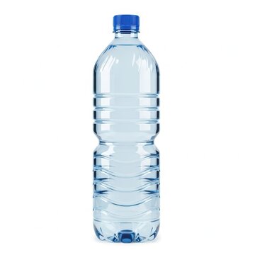A clear plastic bottle of water with a blue cap on a white background.