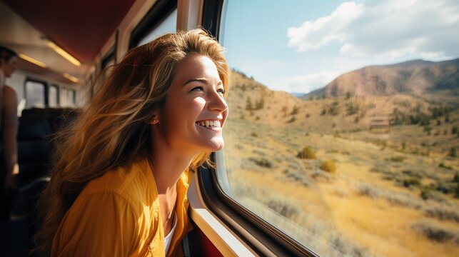 woman looking out of a train window, enjoying the scenic railway road-a joyful image representing travel excitement and the picturesque beauty of a railway journey