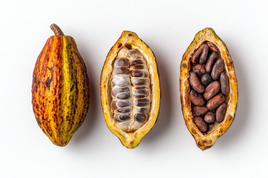 Trio of cacao pods whole, sliced with pulp, and roasted beans