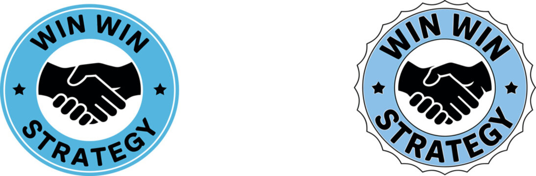 Two win win strategy logos with handshake and blue circle isolated on transparent background