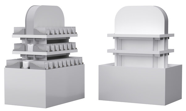 Retail cardboard display stand mockup with rounded topper and pillow pouches in white display boxes and empty cardboard display stand mockup. 3d illustration transparent background