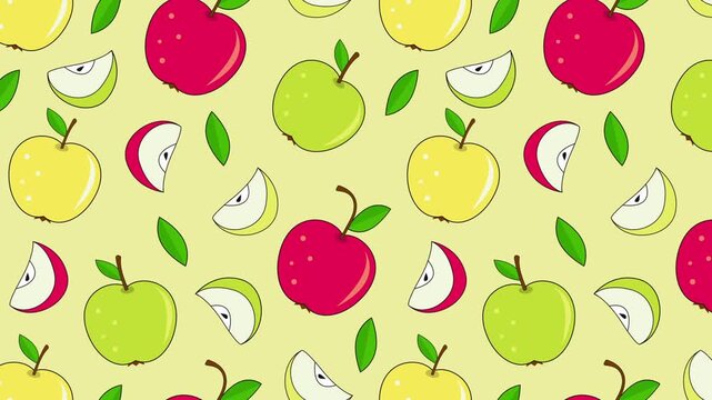 Apples of green, red and yellow colors and apple slices on yellow background moving down animated Full HD video