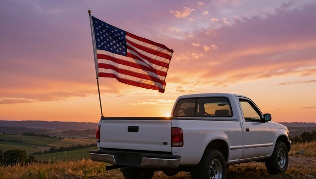 American flag waving on pickup truck at sunset, Flag Day celebration, patriotic rural scene, golden hour