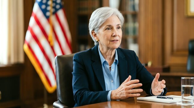 Senior Woman Politician Speaking Calmly During an Interview or Meeting in Office