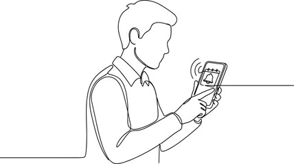 Man using smartphone, receiving notification alert with bell icon, line art illustration © rebok