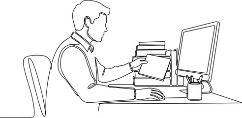 Fototapeta premium One Line Drawing of Man Working at Desk with Books and Computer