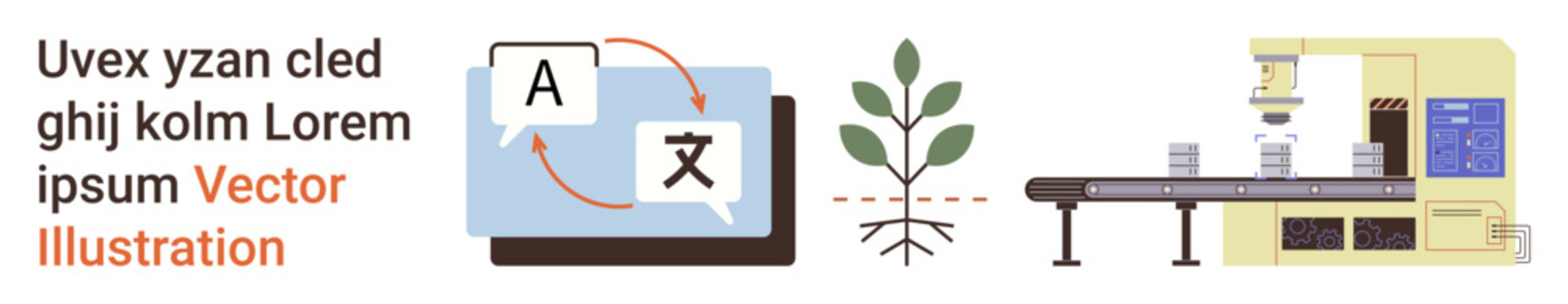 Language translation, global communication, sustainable farming, automation, innovation, technology. Speech bubbles with language icons, plant growth and assembly line automation. Global