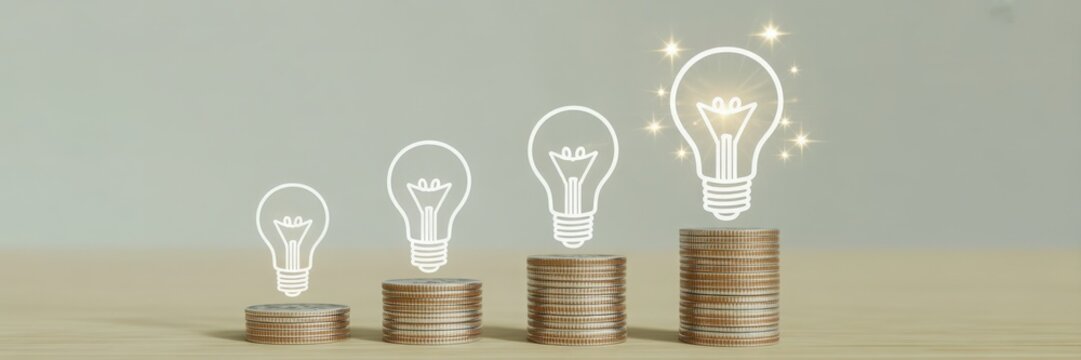 Financial growth and investment success coins and lightbulbs
