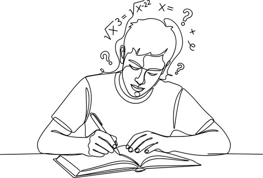 Student struggling with math equations, line art drawing, confusion, learning, education concept