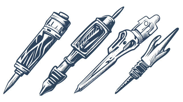 A stylized illustration featuring four distinct tattoo machines. Drawn in a detailed black and white style
