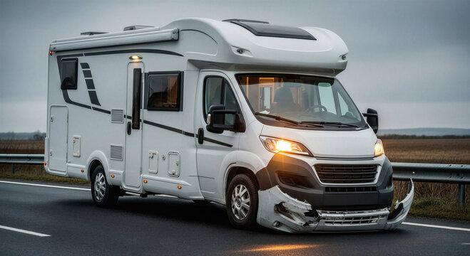 Damaged camper van parked on the highway after accident  