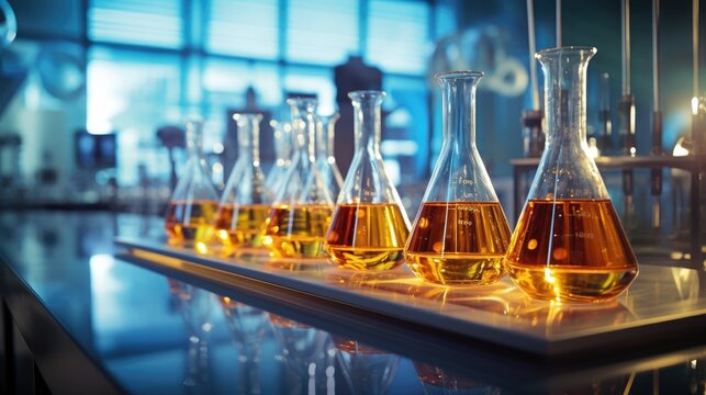 Glass test tubes with liquid in a chemical lab, epitomizing the meticulous quality check in petroleum refining-an image that sells the essence of industrial accuracy for stock excellence